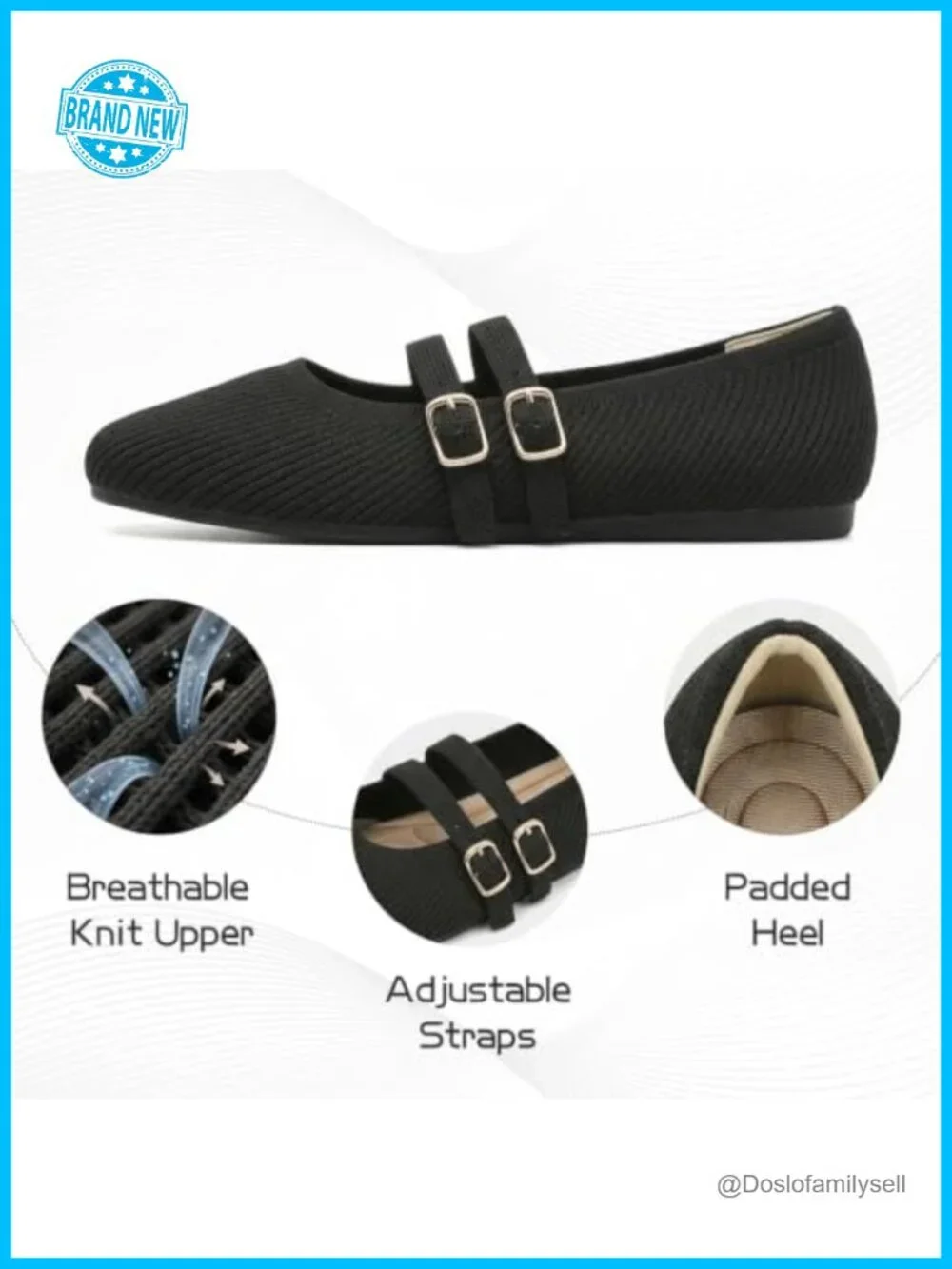 Knit Square Toe Mary Jane Ballet Flats Double Strap Women's Comfort Shoes